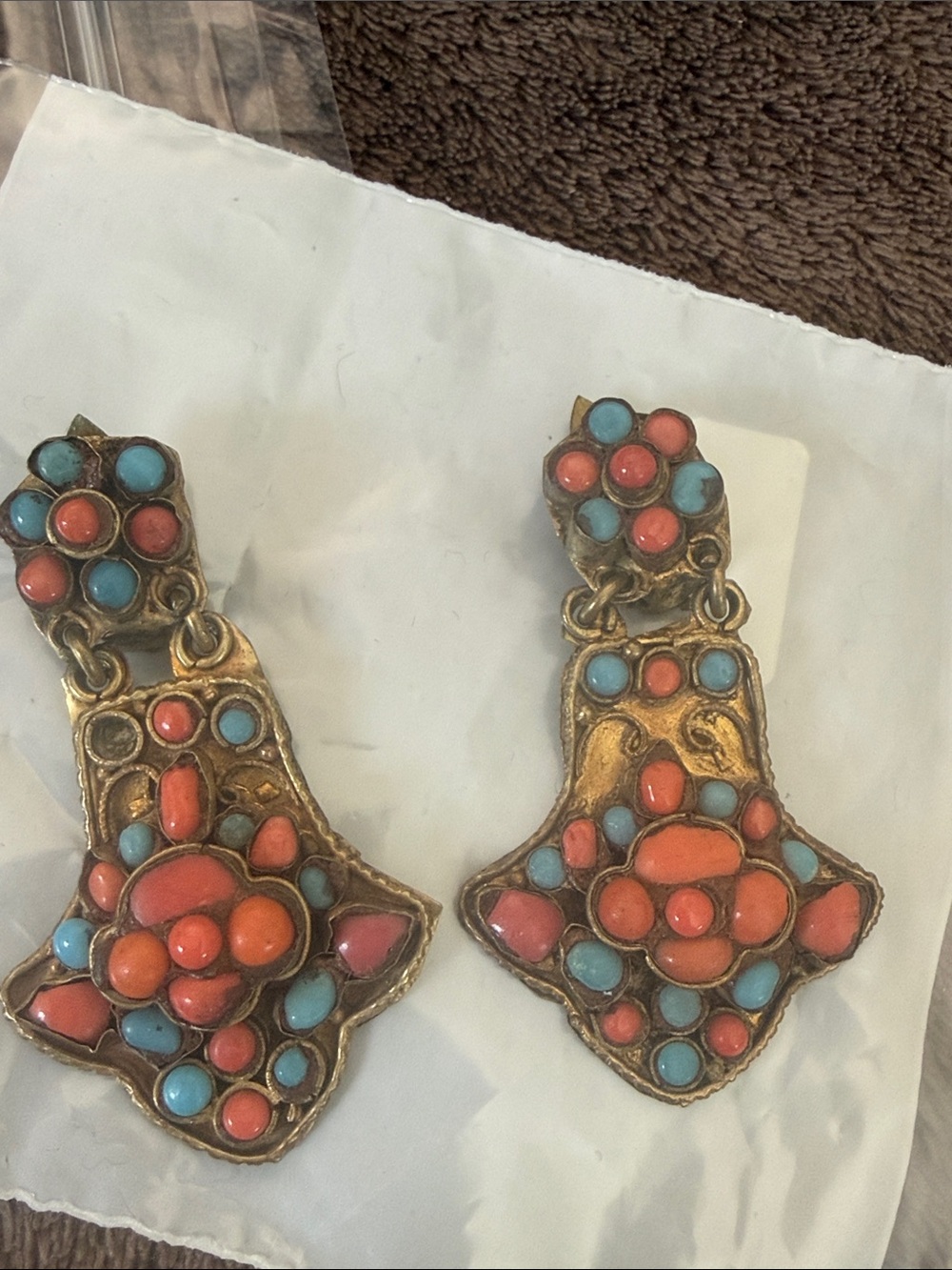 Coral & Turquoise Drop Earrings Antique style